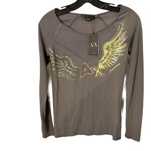 Armani Exchange Women’s Long Sleeve Top With Wing Design Taupe Sz S NWT & COA